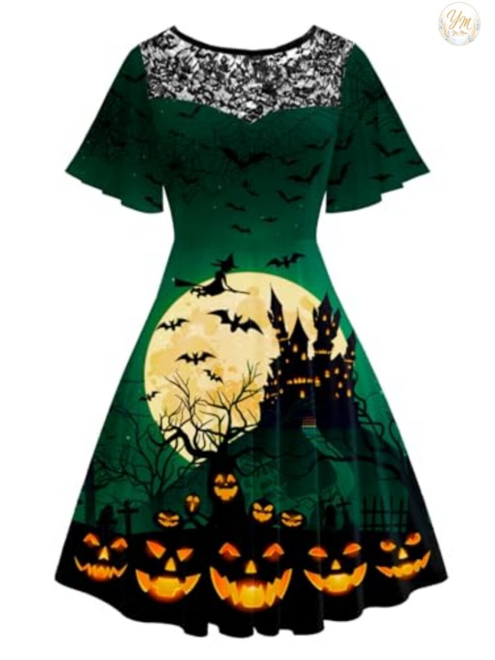 Women Halloween Lace Dress Flutter Sleeve A-Line Party Swing Dress